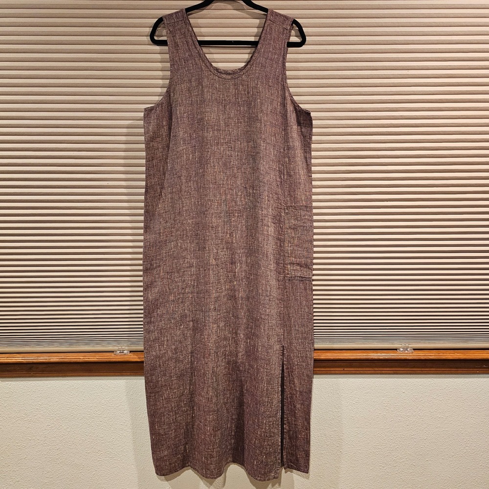 Flax by Jeanne Engelhart Brown 100% Linen Sleeveless Maxi‎ Shift Dress Small